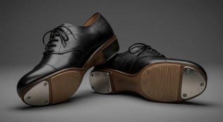 Elegant black leather tap shoes, poised for a rhythmic performance on a sleek gray surface