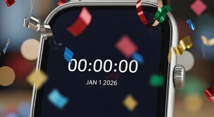 Close-Up of Digital Watch Displaying "00:00:00" and "JAN 1 2026" with Confetti