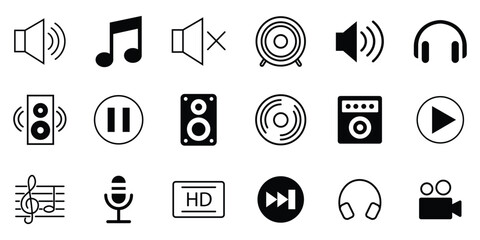 set of black and white music icons. Contains such Icons as guitar, headphones, musical note, vinyl record, speaker, sound, radio, piano and more. audio sound volume music level. Vector illustration.