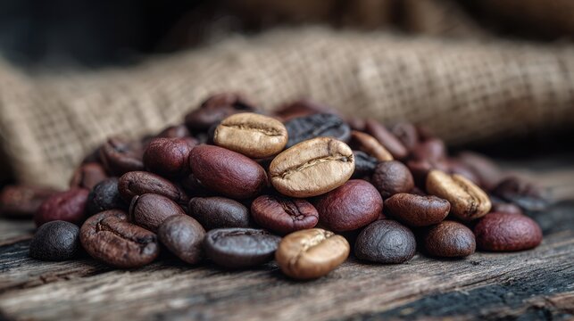 Medium shot of flavored fair trade coffee beans with hints of chocolate and vanilla set against a blurred rustic backdrop to showcase artisanal ethical sourcing