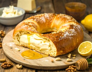 Honey-drizzled, creamy-filled bread ring on a wooden board, surrounded by nuts, cheese, and lemon