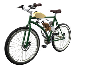 Fototapeta premium Isolated vintage-style motorized bicycle in vibrant green, featuring an installed engine conversion kit and retro brown leather seat. Detailed 3D model PNG with transparent background for classic