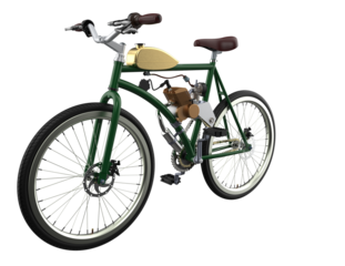 Isolated vintage-style motorized bicycle in vibrant green, featuring an installed engine conversion kit and retro brown leather seat. Detailed 3D model PNG with transparent background for classic