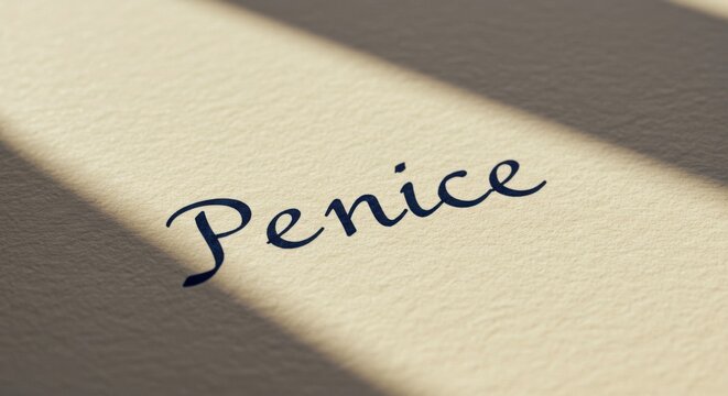 Elegant cursive writing of 'Penice' on textured paper, bathed in soft light and shadow