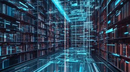 Futuristic digital library with glowing lines and books, showcasing a modern design with rows of books and a digital display on the wall