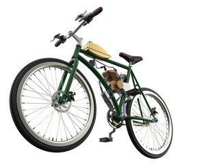 Antique motorized bicycle, a detailed render of a green-framed two-wheeler. This classic 'freedom machine' features a petrol engine and iconic fuel tank, isolated on a transparent HD background for