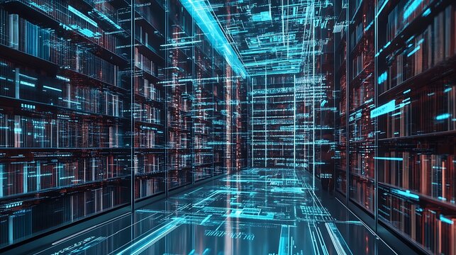 Futuristic digital library with glowing lines and books, showcasing a modern design with rows of books and a digital display on the wall