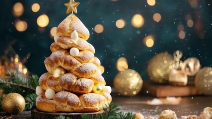Christmas tree-shaped bread making with golden festive decorations and falling snow creates a magical holiday atmosphere - Powered by Adobe