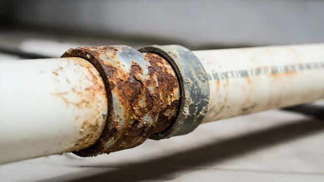 Rusted pipe connection shows corrosion with rusty texture on a white background. Rusted pipe close up shows aging and degradation due to water exposure.