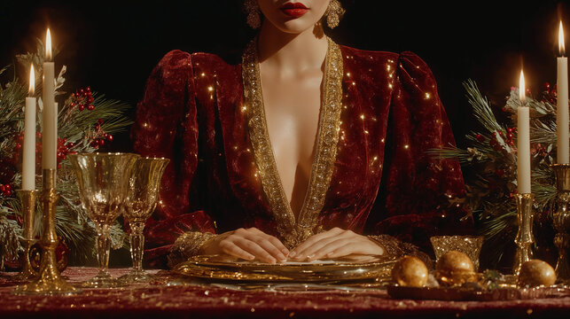 Elegant woman in red dress posing at luxurious holiday table setting - Powered by Adobe