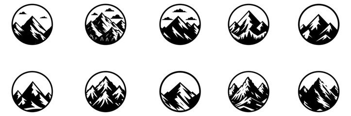 Mountain Landscape Circle Icon Set with Snow Peaks and Nature Silhouette in Black and White Vector Illustration Flat Design