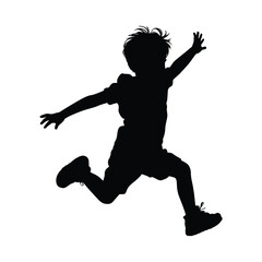 Silhouette of a Boy Jumping Joyfully with Arms Raised Expressing Freedom and Happiness Against a Clean White Background