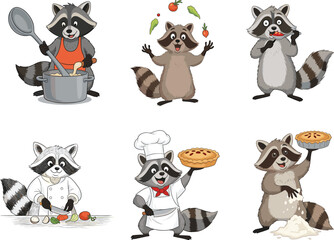 Cute cartoon raccoon chefs cooking and baking with vegetables, pies, and kitchen tools, adorable animal vector illustrations for food and culinary themes