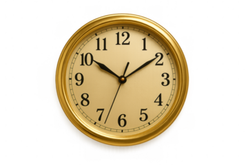 Golden clock showing time on transparent background
