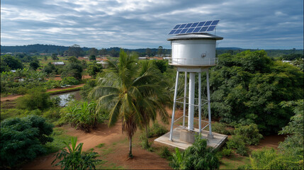 A solar-powered water tower in a rural village, providing clean water with renewable energy, renewable energy, sustainable, clean energy, water sustainability, eco-friendly.