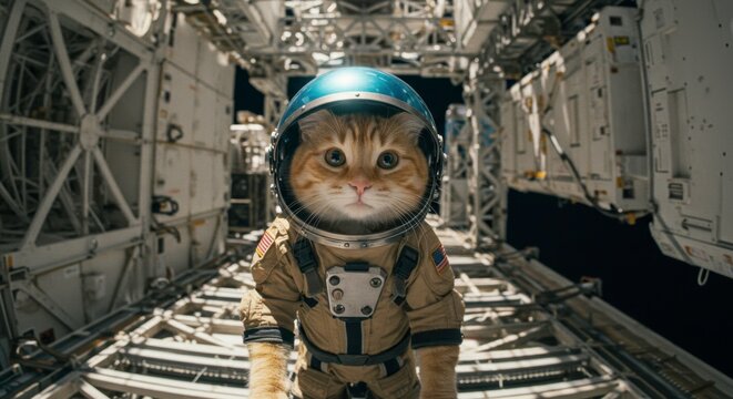 Feline astronaut exploring the cosmos, a whimsical portrait of a cat in space station