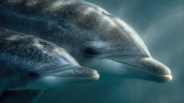 two dolphins swimming in an underwater environment. the dolphins are close together, facing the camera with one slightly ahead of the other