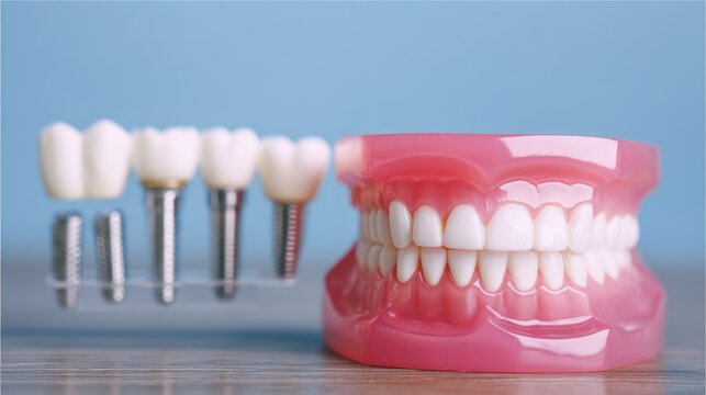 A close-up shot displays a dental model showcasing various tooth replacement options. A pink, artificial gum model sits prominently in the foreground, featuring several teeth ? 