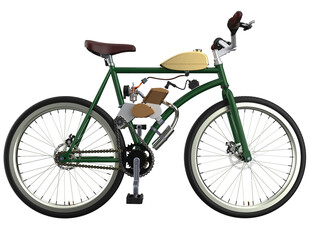 Fototapeta premium Isolated vintage-style motorized bicycle in vibrant green, featuring an installed engine conversion kit and retro brown leather seat. Detailed 3D model PNG with transparent background for classic