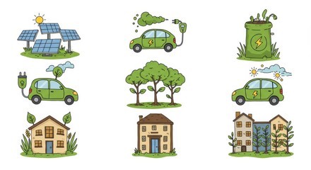 Fototapeta premium Eco Lifestyle Icons and Sustainable Energy Symbols Including Solar Panels,