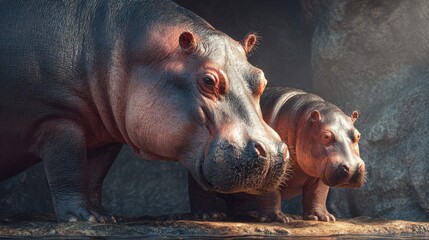 two hippos in what appears to be an animated or digitally created setting, resembling a naturalistic environment with elements like rocks and plants