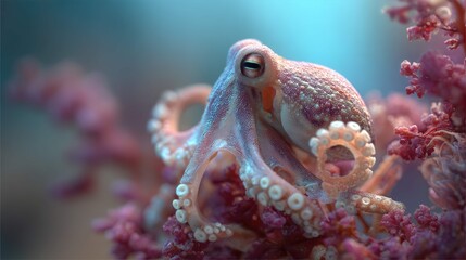 a close up of an octopus perched atop a vibrant pink coral. the octopus's body and tentacles are adorned with intricate purple patterns