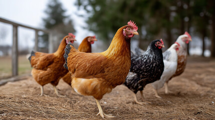 Fototapeta premium A sustainable poultry cooperative with free-range chickens, solar-powered coops, and organic feed, ethical farming, sustainable, renewable energy, organic agriculture, eco-friendly