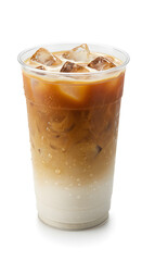 a transparent plastic cup filled with iced caramel latte, layered espresso with milk and caramel drizzle visible on the cup walls, with ice cubes and condensation