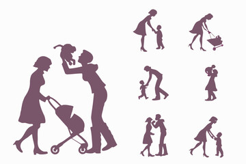 Obraz premium Silhouettes of mothers and children engaged in various activities