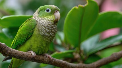 Obraz premium a green parrot perched on a branch amidst greenery