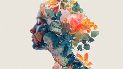 A striking digital artwork depicts a woman?s profile, seamlessly integrated with a vibrant explosion of floral elements. The woman?