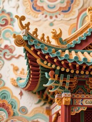 Obraz premium Intricate Details of Traditional Chinese Temple Roof with Vibrant Colors and Ornate Decorations
