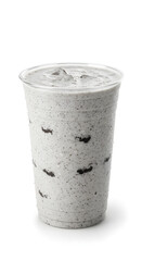 a transparent plastic cup filled with cookies and cream milkshake or oreo milkshake, creamy off-white base with cookie crumble mixed inside