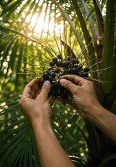 Close-up shot of hands harvesting Acai berries, showcasing the richness of nature's bounty. Captures the vibrant color and freshness of these superfood fruits