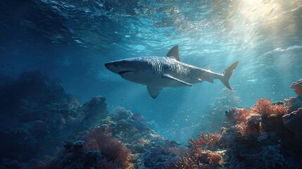 Fototapeta premium a great white shark swimming among underwater coral in an ocean environment