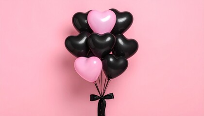 Fototapeta premium Heart-shaped black and pink balloons on pastel background.