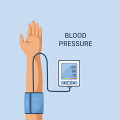 Close-up of patient hand with blood pressure monitor checking heart rate. Vector illustration