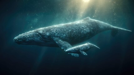 Fototapeta premium a digital artwork of a humpback whale and its calf, set against the vastness of the ocean under a starlit sky