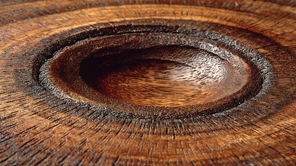 Close-up of a dark, textured wooden surface with a circular, carved depression and visible grain.