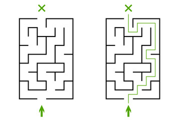 Simple vertical labyrinth with entry and exit. Children logic game, easy difficulty level. Not hard vector riddle solated on white background for kids and parents with solution