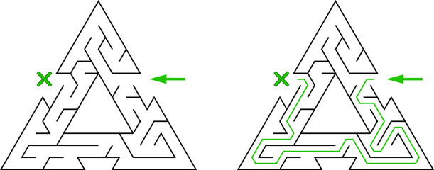 Three triangles tied with passageway. Easy level of difficulty triangular labyrinth with solution. Black and white vector puzzle for kids and parents