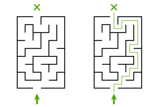 Simple vertical labyrinth with entry and exit. Children logic game, easy difficulty level. Not hard vector riddle solated on white background for kids and parents with solution