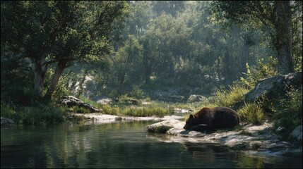 Fototapeta premium a tranquil scene of nature, featuring a flowing river with a gentle slope, surrounded by lush greenery. a large boulder is partially submerged in the water, adding to the serene landscape