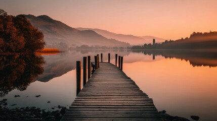 Dawn Pier Over Tranquil Lake With Misty Mountains