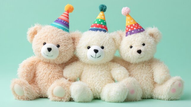Three plush teddy bears sit side-by-side on a teal background. Each bear wears a colorful party hat with polka dots and stripes. The bears have soft, light brown fur and are smiling gently. 