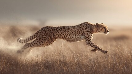 Naklejka premium an intense moment in the wild as a cheetah is captured mid action, running through tall grass with a dynamic burst effect to its left, emphasizing its speed