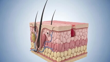 Detailed 3D Illustration of Human Skin Cross-Section Showing Hair Follicles Sebaceous Glands and Layers