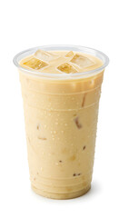 a transparent plastic cup filled with banana milk, creamy pastel yellow milk with tiny banana pulp particles and ice cubes