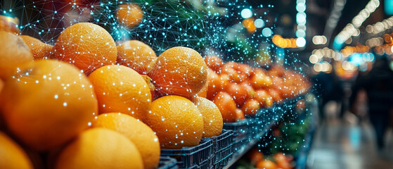 Vibrant oranges stacked in a market display, surrounded by a colorful array of fruits, conveying freshness and abundance. Perfect for articles on healthy eating and food shopping.