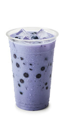 a transparent plastic cup filled with blueberry milk, pastel lavender-blue milk with small blueberry pieces and ice cubes, visible fruit pulp